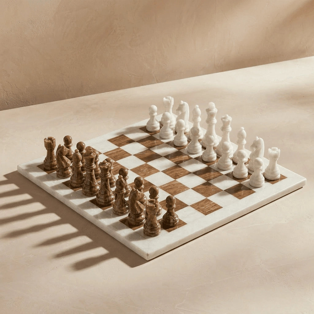 Brown & White Marble Chess Set with Storage Case – Luxury Handmade Stone Chess Board