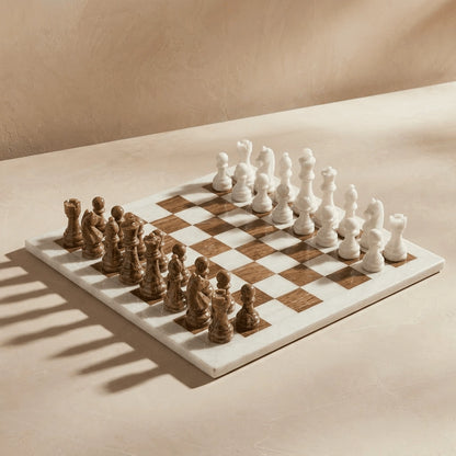 Brown & White Marble Chess Set with Storage Case – Luxury Handmade Stone Chess Board