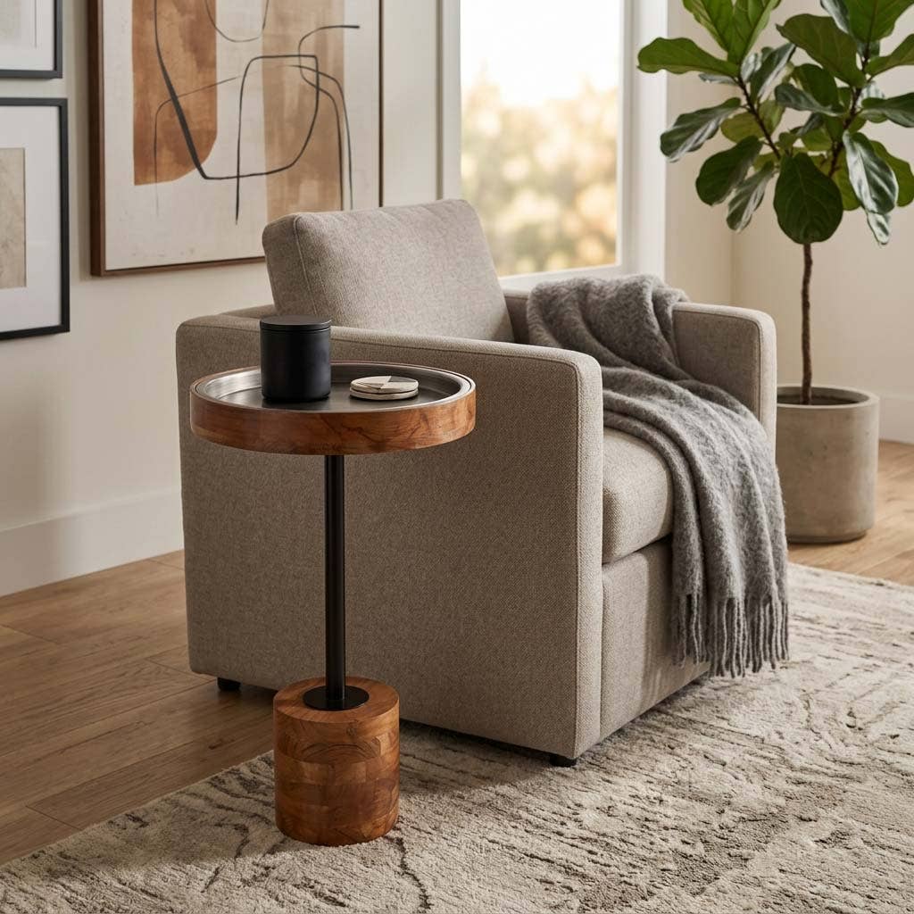 Side Table - Brown Wood Short with Metal Top, 23 in.