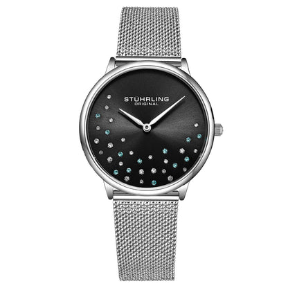 Stuhrling Original Symphony 3928 Women's Quartz Watch, 35mm, Black Dial, Silver-Tone Mesh Bracelet