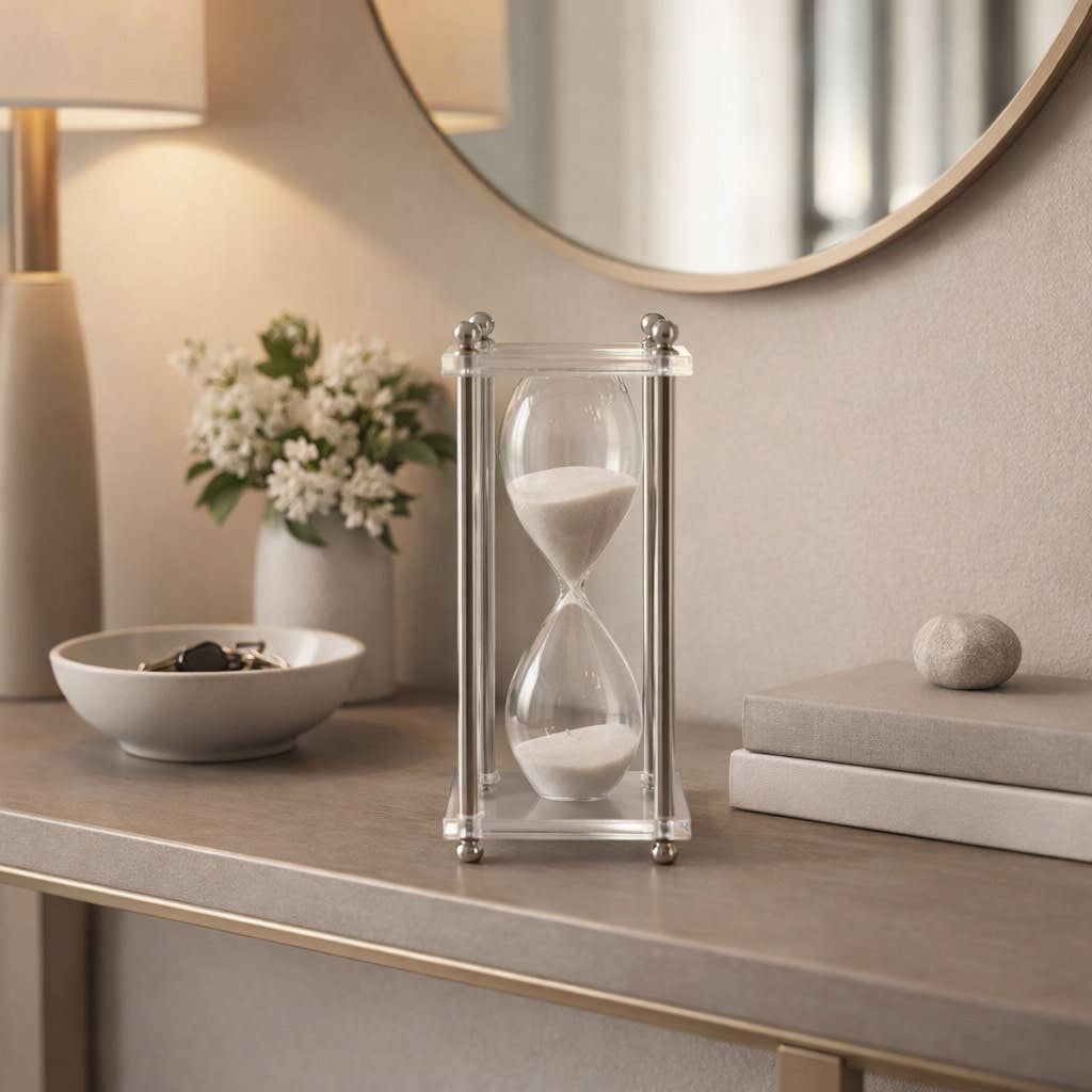 Hourglass Sandtimer - Silver Metal Frame Plastic Base, 7 in.