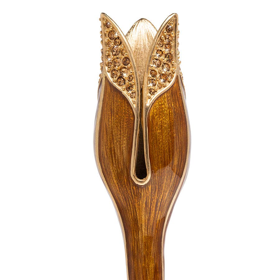 Jay Strongwater Ambrosius Tulip Brown Candlestick Holder, Leaf Swarovski Crystal Enamel Gold-Finished