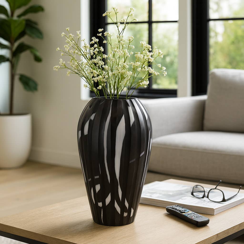 Decorative Vase - Black/White Glass Curved Tapered, 19 in.