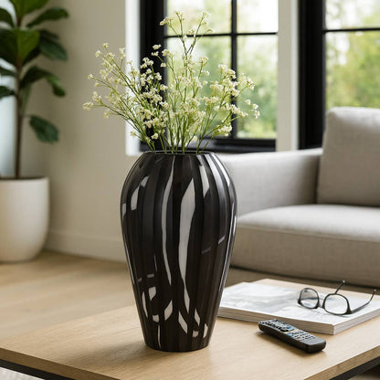 Decorative Vase - Black/White Glass Curved Tapered, 19 in.