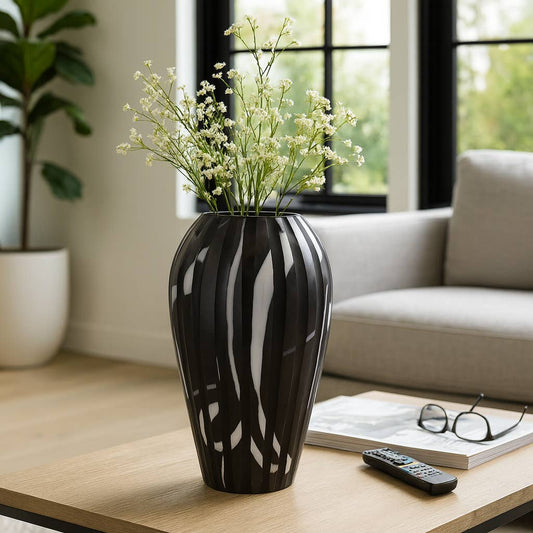 Decorative Vase - Black/White Glass Curved Tapered, 19 in.
