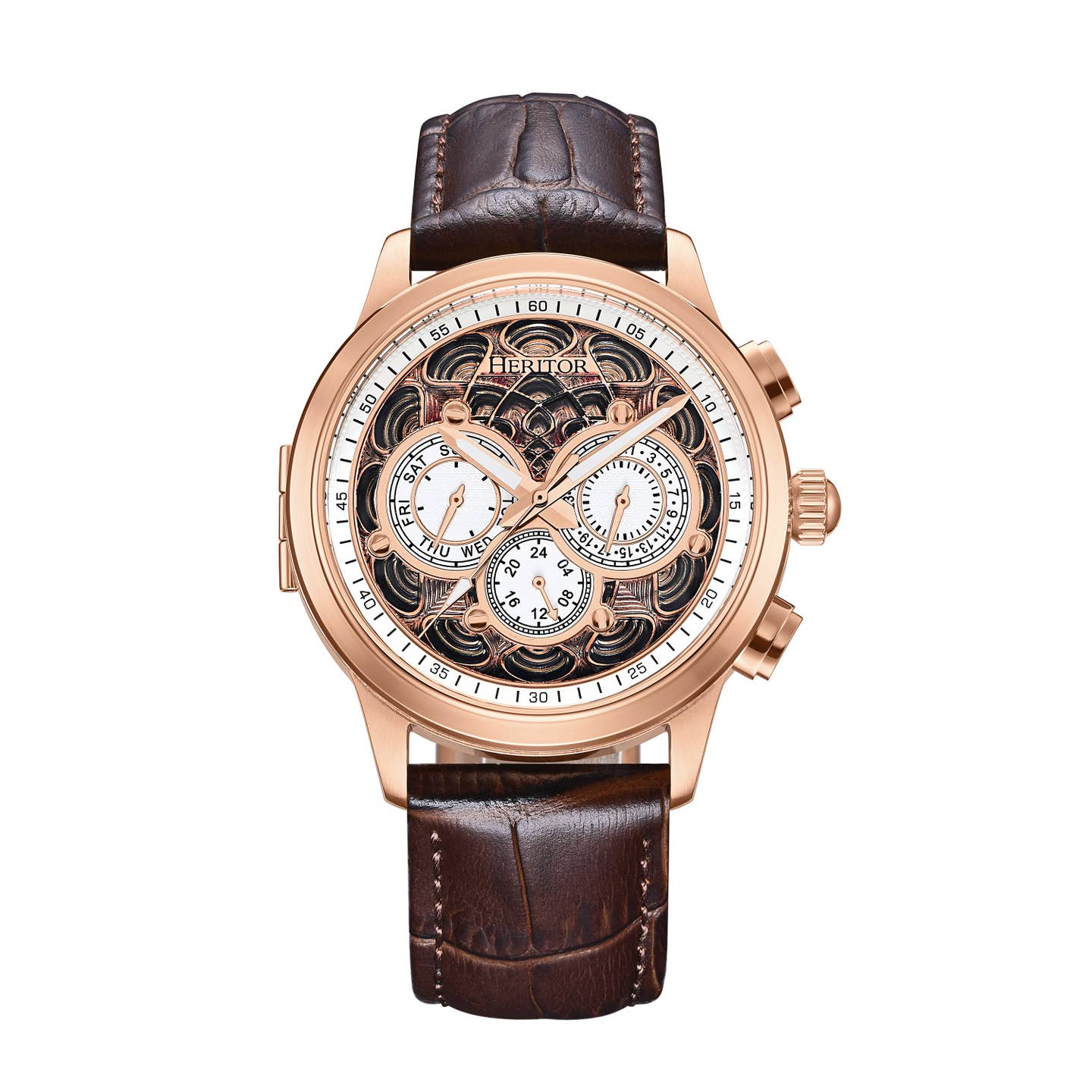 Heritor Apostle Leather Band Men's Automatic Day-Date Leather Watch, Brown/Rose Gold