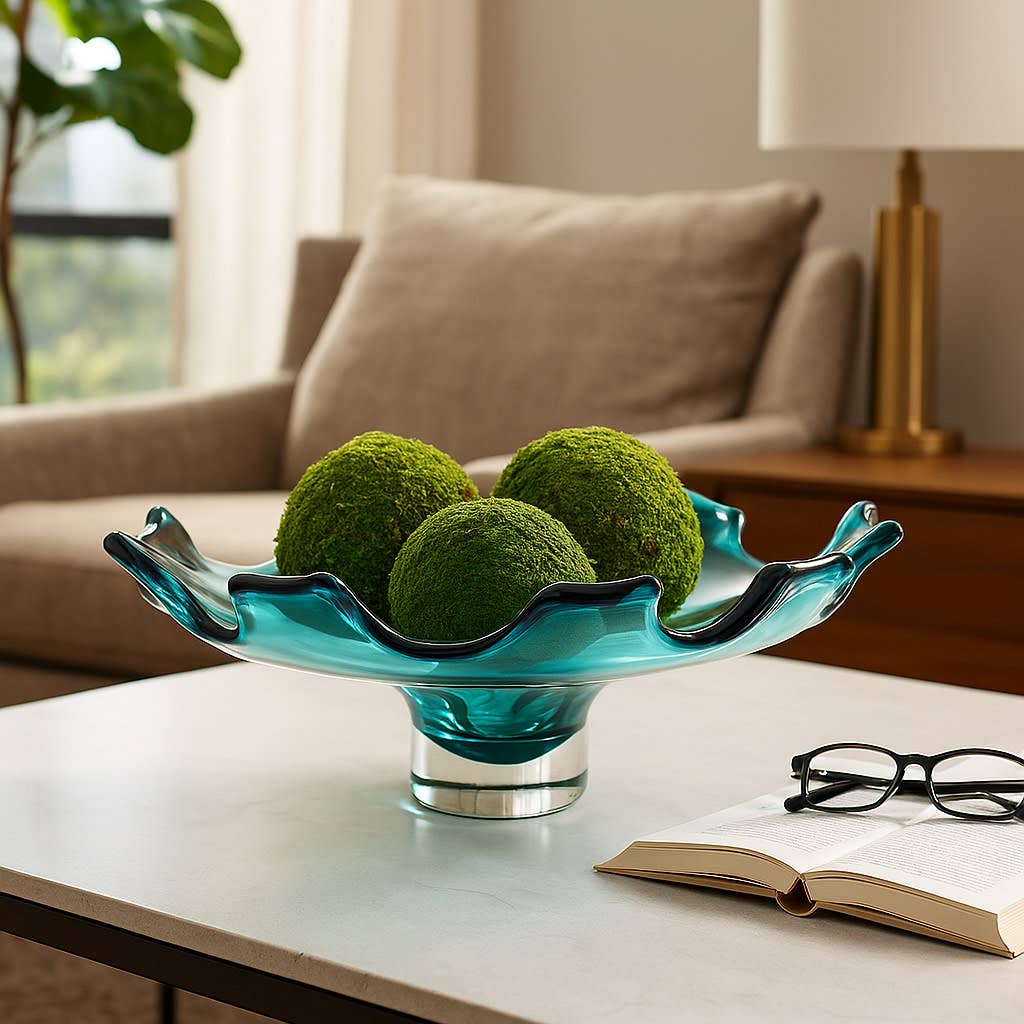 Decorative Bowl - Blue Glass Modern Artisan Blown, 14 in.