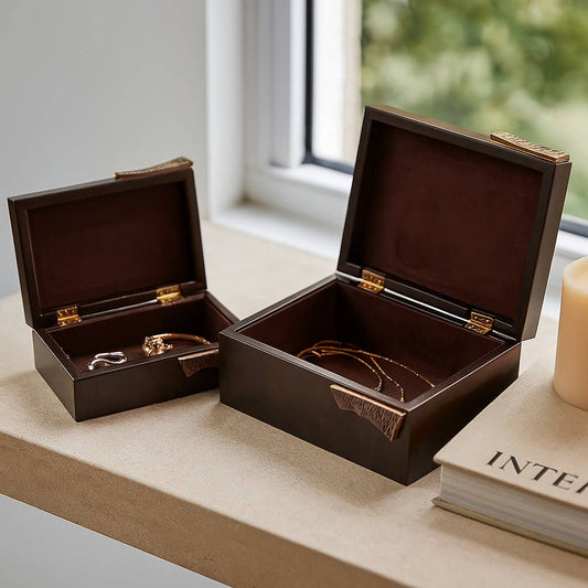Boxes Set of 2 - Brown Wood with Metal Hardware, 9/11 in.
