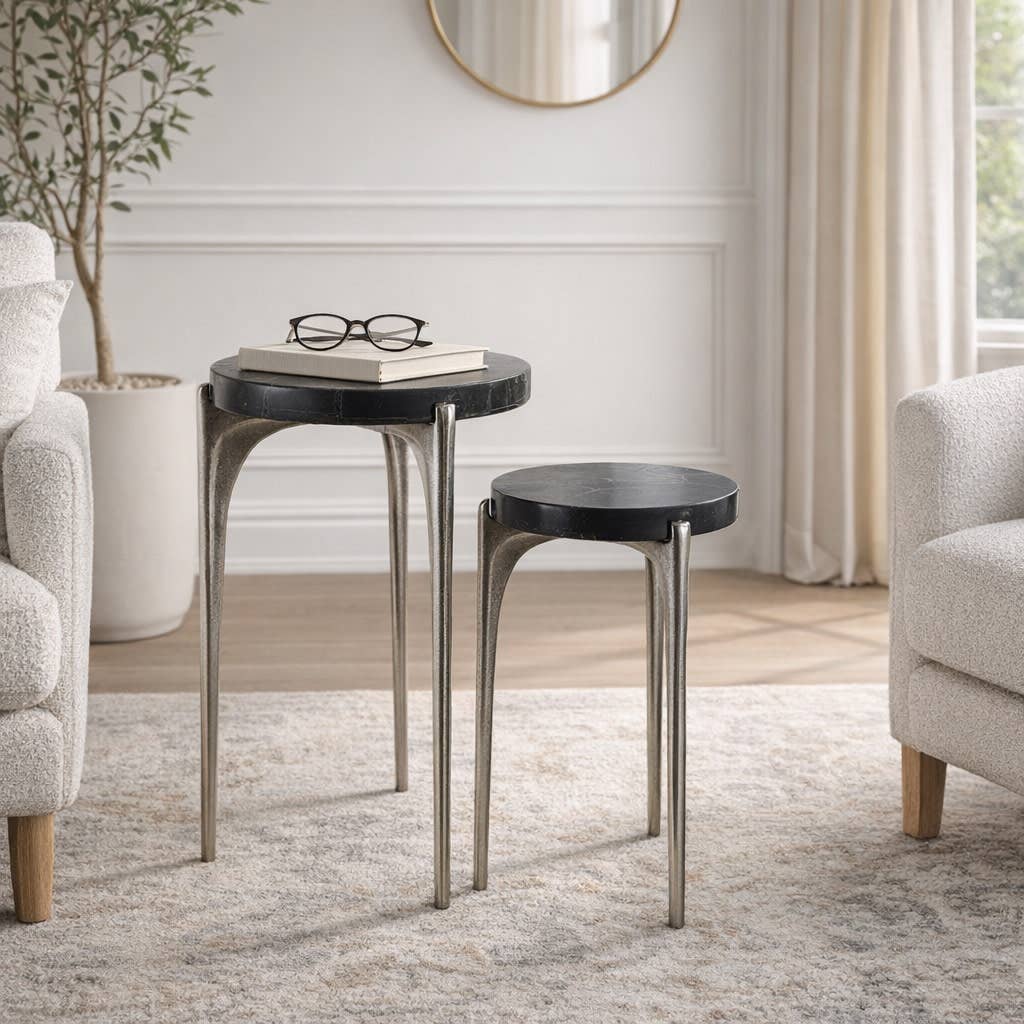 Side Table Set of 2 - Black/Silver Stone Top Round, 20/24 in