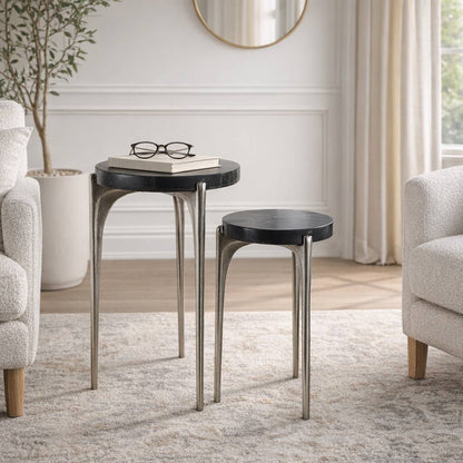 Side Table Set of 2 - Black/Silver Stone Top Round, 20/24 in