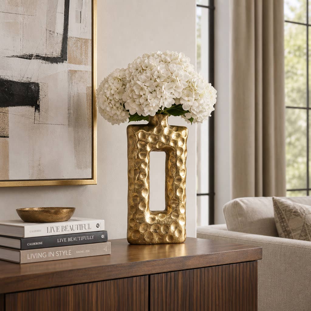 Decorative Vase - Gold Metal Open Hammered Finish, 20 in.