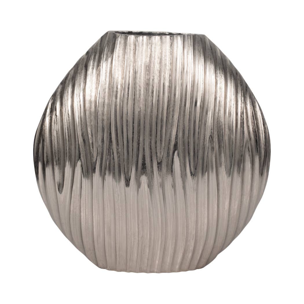 Decorative Vase - Silver Metal Medium Textured Ridged, 13 in