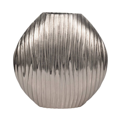 Decorative Vase - Silver Metal Medium Textured Ridged, 13 in