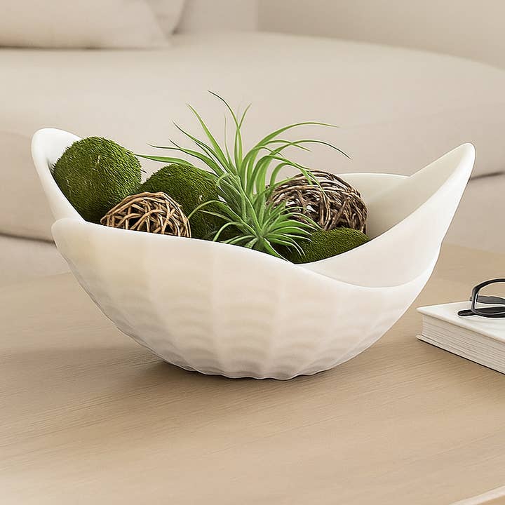 Bowl - White Resin Sculptural Soft Curved Edges, 17 in.