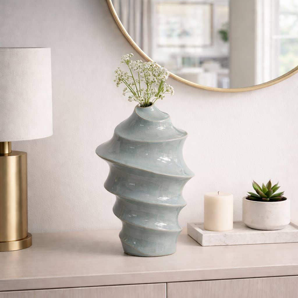 Decorative Vase - Blue Ceramic Coastal Spiral Textured, 18 in.