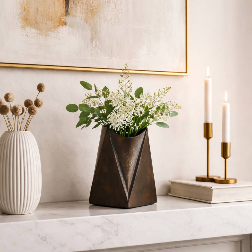 Decorative Vase - Gunmetal Metal Small V-Shaped Front, 8 in.
