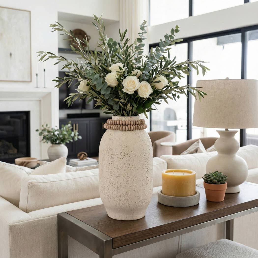 Decorative Vase - Ivory Wood Textured Surface, 16 in.