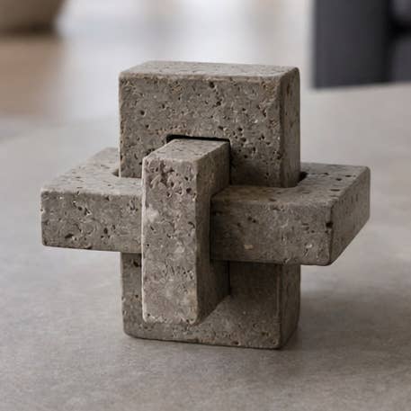 Sculpture - Gray Stone Metal Interlocking Block, 5 in.