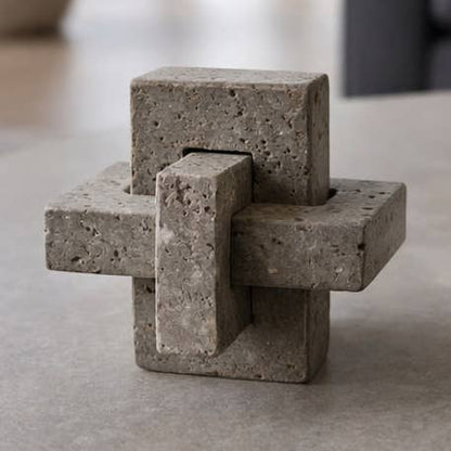 Sculpture - Gray Stone Metal Interlocking Block, 5 in.