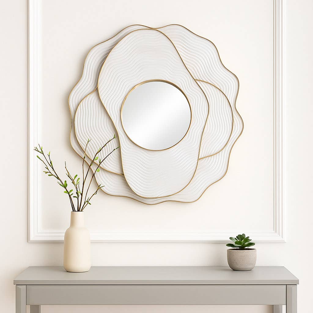 Wall Mirror - Ivory Wood Blooming Flower Layered, 39 in.