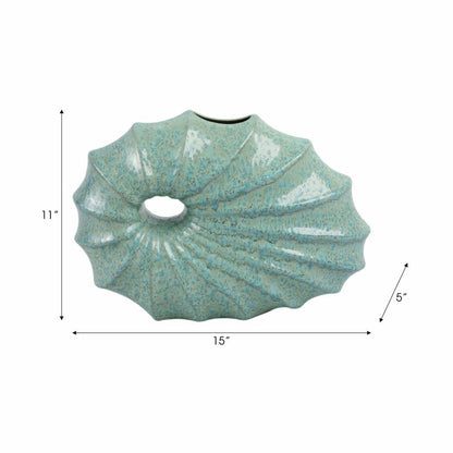 Decorative Vase - Green Ceramic Tall Shell Shaped, 11 in.