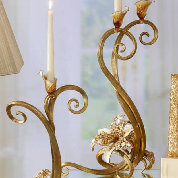 Jay Strongwater Mirabelle Orchid Golden Candlestick Holder, Leaf Swarovski Crystal Enamel Gold-Finished