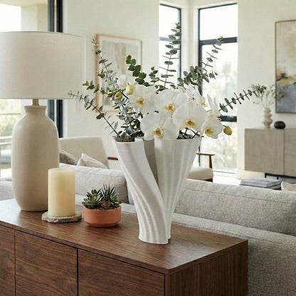 Decorative Vase - White Ceramic Modern 3D Printed, 9 in.