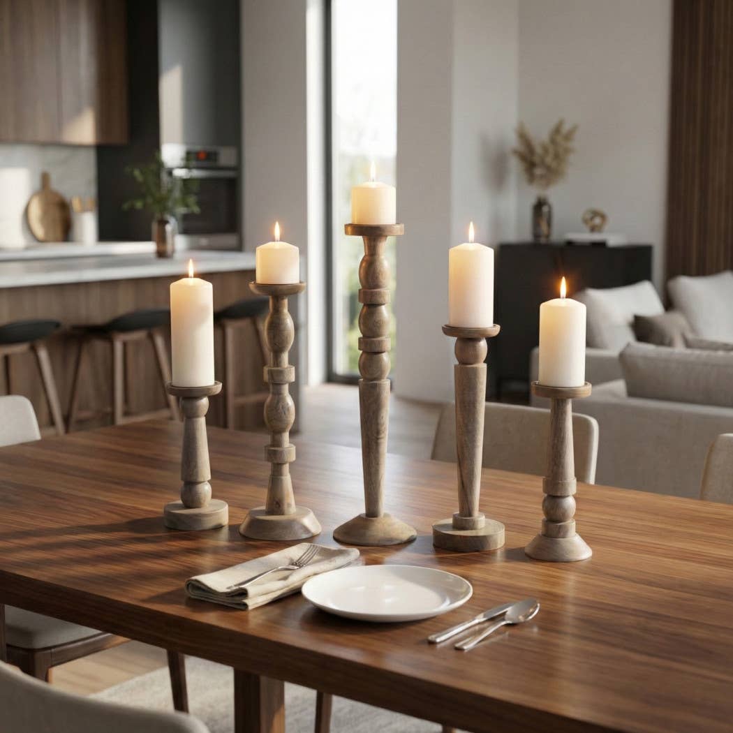 Candle Holder Set of 5 -  Brown Mango Wood, 10-22 in.
