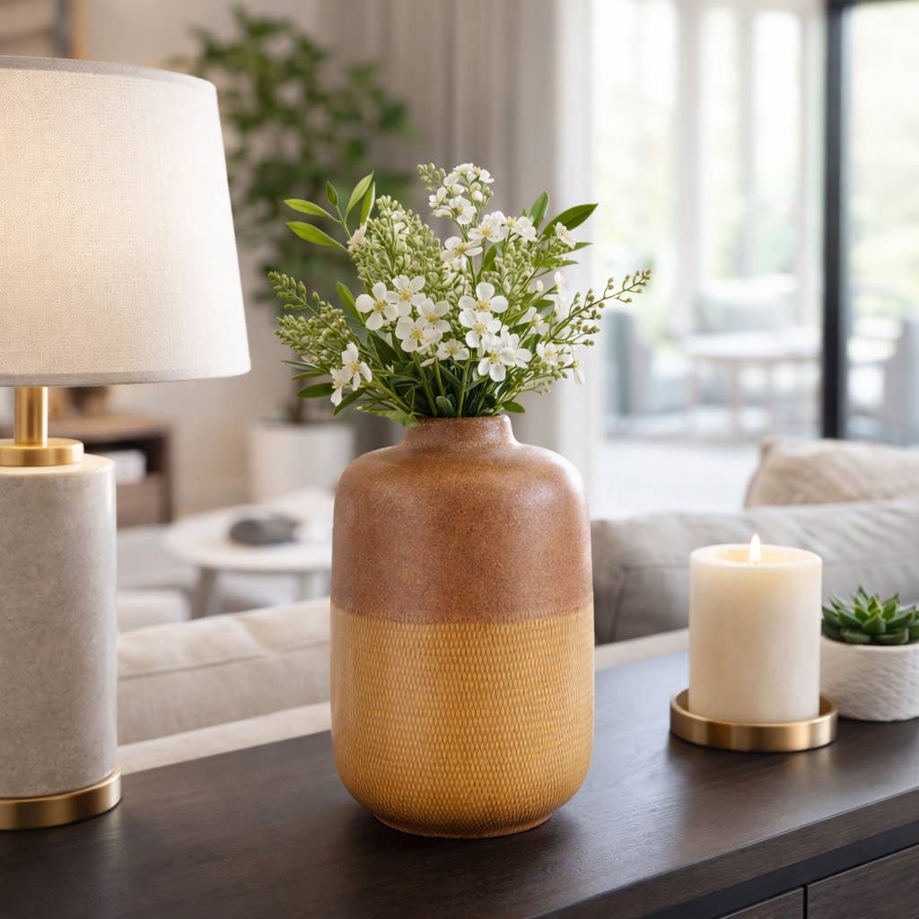 Decorative Vase - Brown/Orange Ceramic Embossed, 12 in.