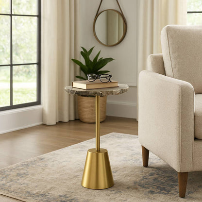 End Table - White Raw Agate Top with Gold Metal Base, 23 in.