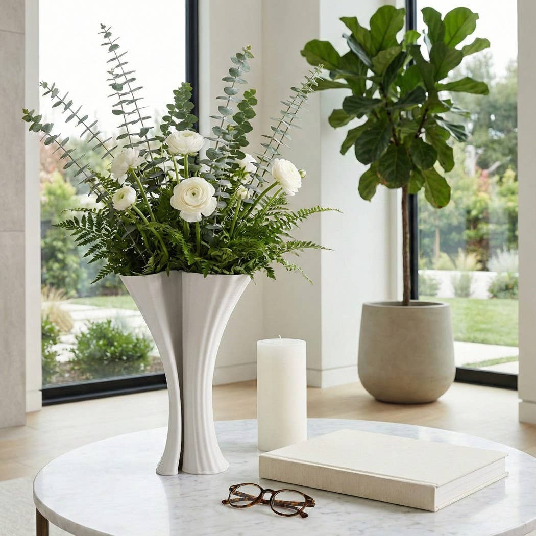 Decorative Vase - White Ceramic Sculptural Tall, 13 in.