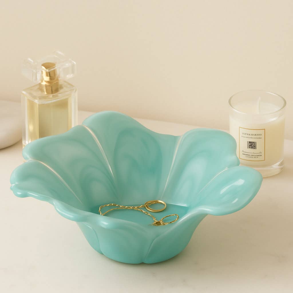 Decorative Bowl - Blue Glass Swirl Flower-Shaped, 14 in.