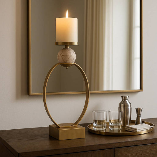 Candle Holder - Gold Metal with Marble Sphere, 21 in.