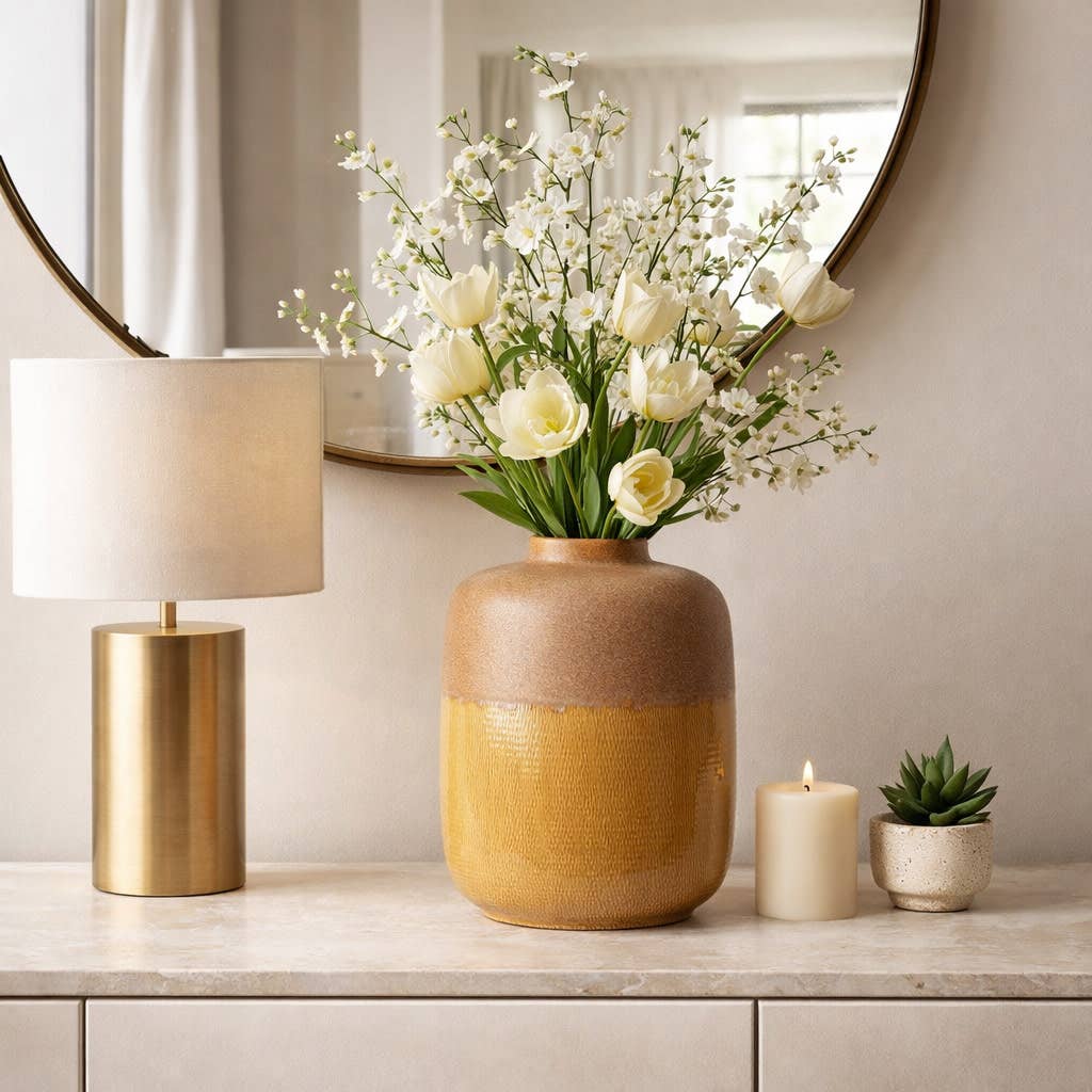 Decorative Vase - Brown/Orange Ceramic Embossed, 14 in.