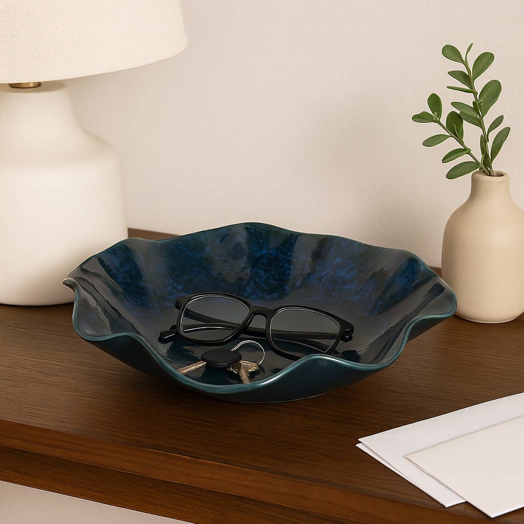 Decorative Bowl - Blue Ceramic Glazed Wavy Edge, 16 in.