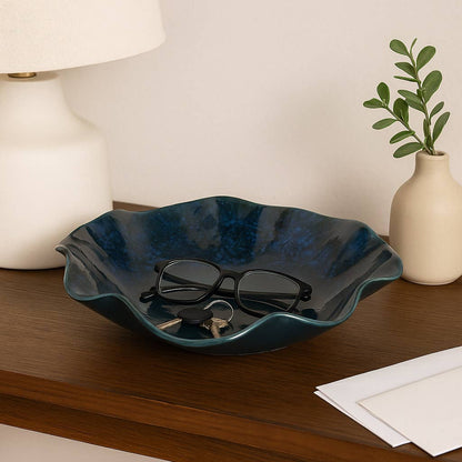 Decorative Bowl - Blue Ceramic Glazed Wavy Edge, 16 in.