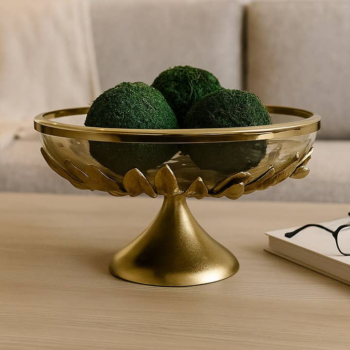 Bowl - Gold Glass Round Metal Floral Pedestal Stand, 13 in.