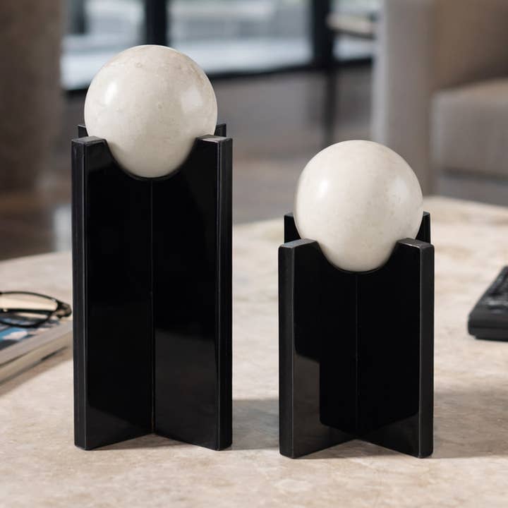 Sculptures Set of 2 - Black Glass Marble Sphere, 8/12 in.