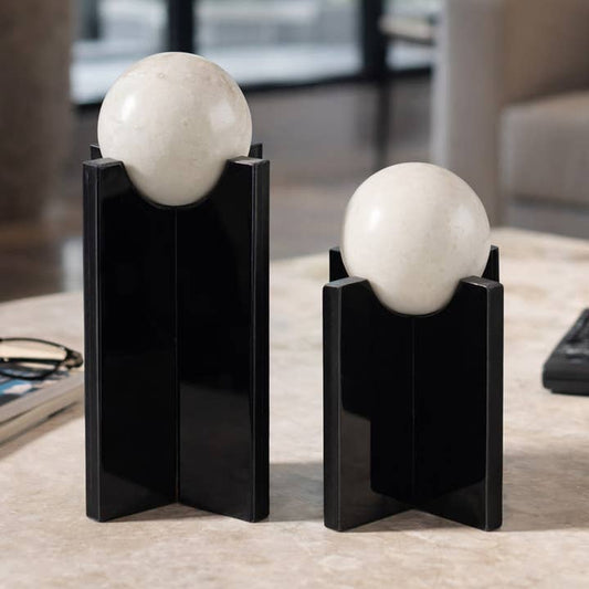 Sculptures Set of 2 - Black Glass Marble Sphere, 8/12 in.