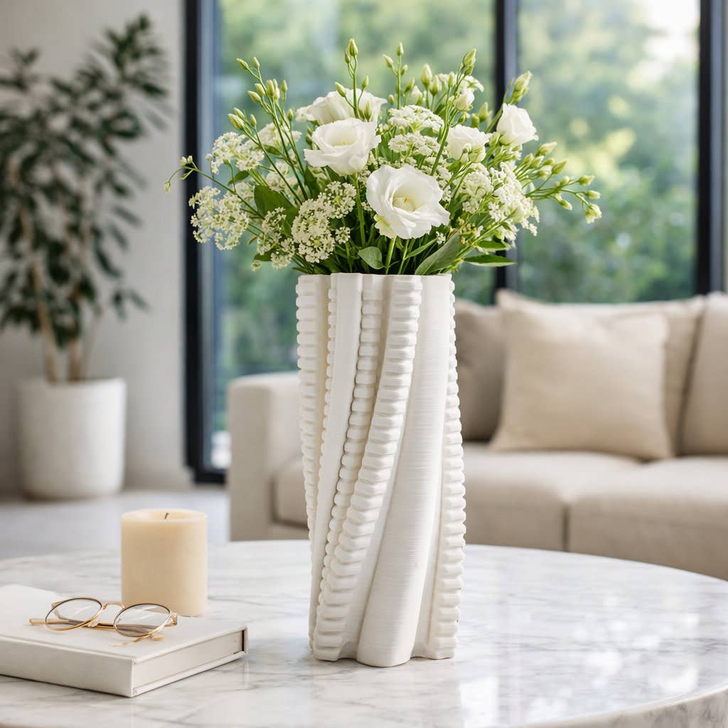 Decorative Vase - Ivory Ceramic Twisted 3D Printed, 15 in.
