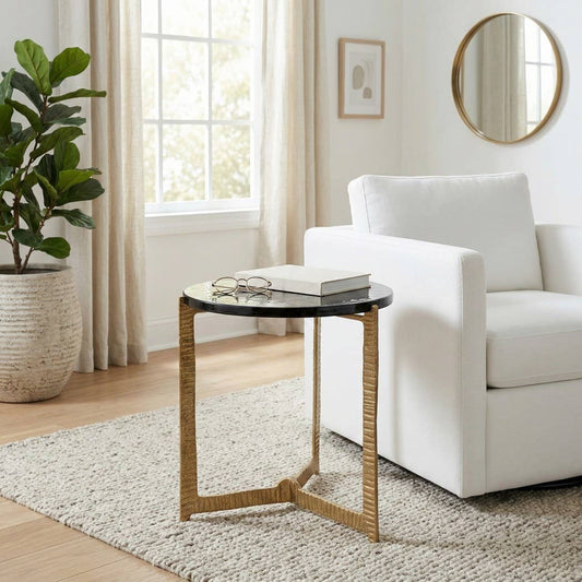 Side Table - Clear Glass Top On Textured Metal Base, 18 in.