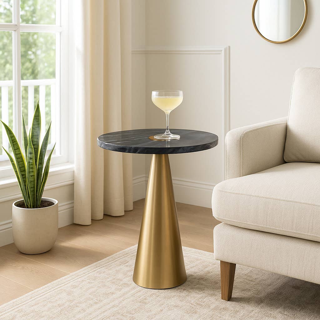 Side Table - Gray Marble Top with Cone-Shaped Base, 22 in.