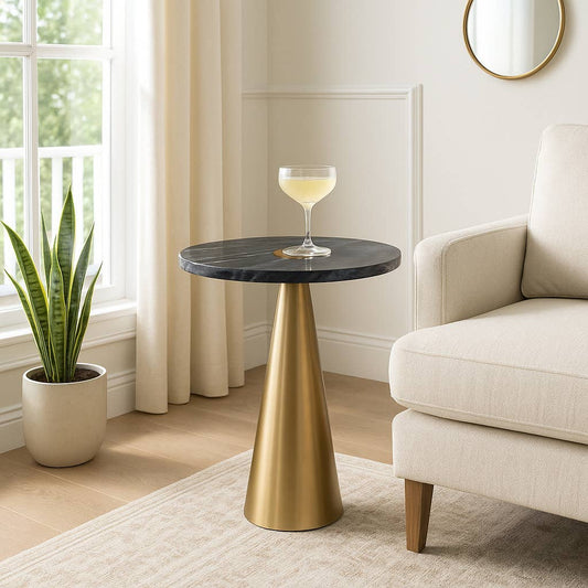 Side Table - Gray Marble Top with Cone-Shaped Base, 22 in.