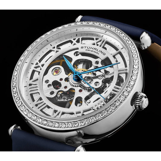 Stuhrling Original Luxe 4022 Women's Automatic Watch, 38mm, Navy Leather Strap, Skeleton Dial
