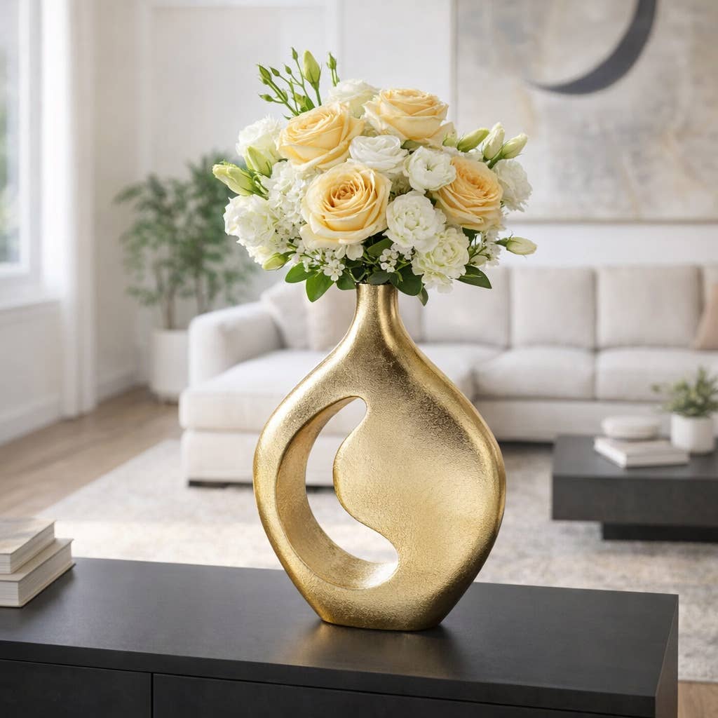 Decorative Vase - Gold Metal Sculptural Cutout, 17 in.