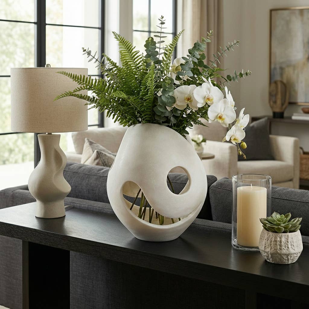 Decorative Vase - White Resin Sculptural Cutout, 14 in.