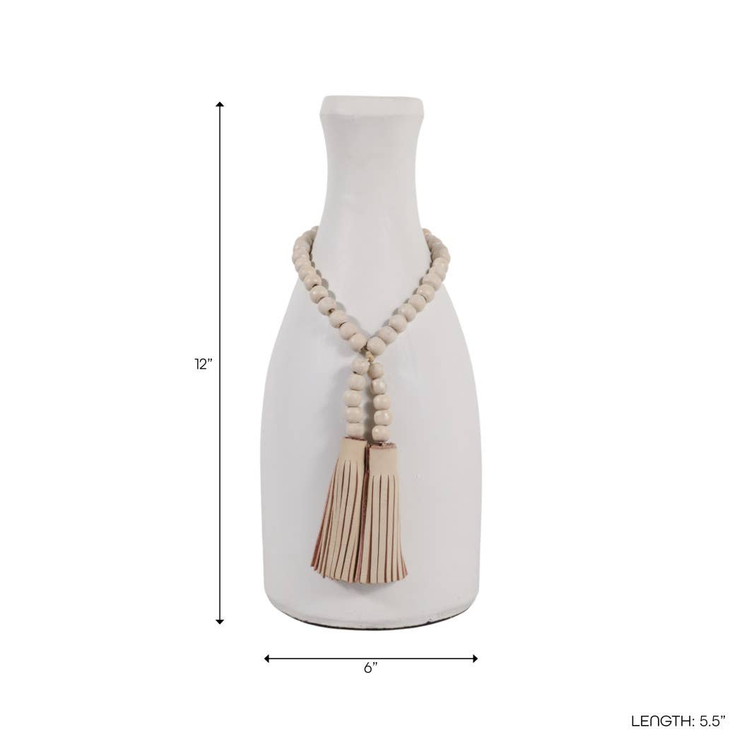 Decorative Vase - White Ceramic with Garland Tassel, 12 in.