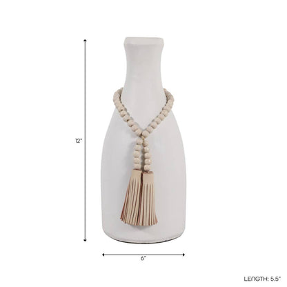 Decorative Vase - White Ceramic with Garland Tassel, 12 in.