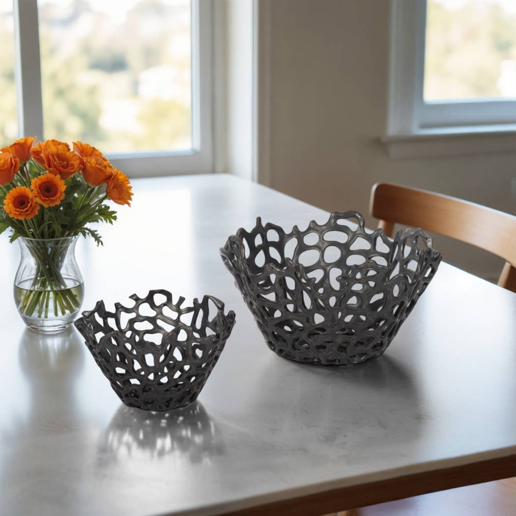 Bowl Set of 2 - Black Ceramic Openwork Round, 10/13 in.