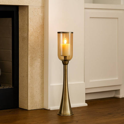 Candle Holder - Gold Metal Glass Hurricane Design, 34 in.